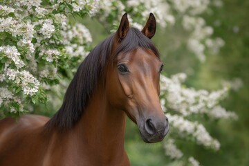 Fototapeta premium Elegant Chestnut Horse Amidst Spring Blossoms: Serene Equestrian Portrait