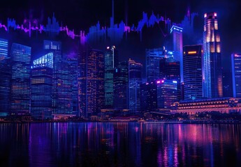 Vibrant cityscape at night, illuminated skyscrapers reflecting on water, overlayed with financial market data