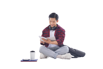 portrait of asian male student sitting posing on white background