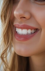 Her bright white teeth shine through a charming smile in this detailed shot