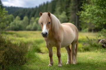 Palomino Pony in Serene Green Pasture: A Peaceful Landscape