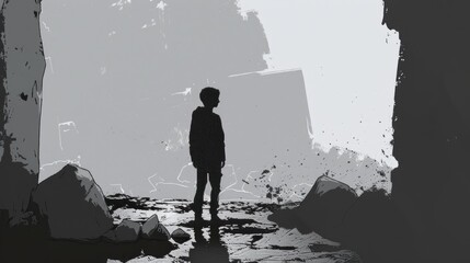 Child silhouette in a desolate gray landscape