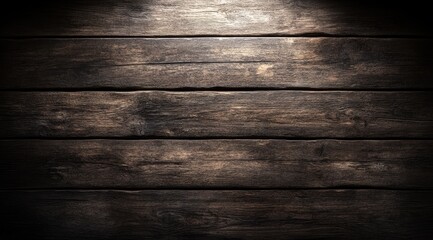 Dark, aged wooden planks with spotlight.  Close-up view of weathered wood surface.  Horizontal, parallel planks.  Variations in tone and texture.  Intensely shadowed areas