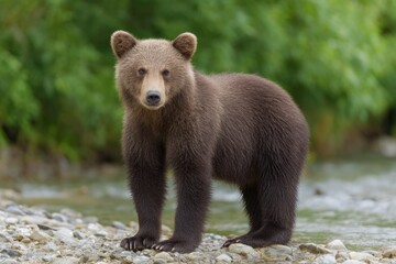 Obraz premium Young Brown Bear Cub: Serene Riverbank Portrait