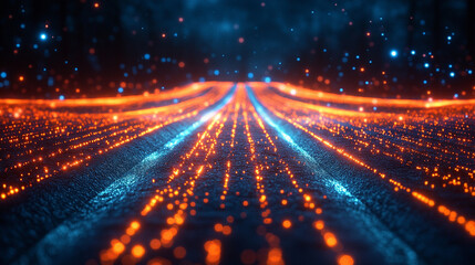 Fototapeta premium Digital cyberspace with glowing cross lines in a futuristic 3D rendering. Symbolizes data flow, connectivity, and advanced technology in a high-energy, vertical tech-inspired virtual environment.