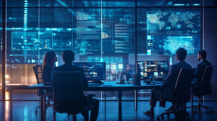 Business team analyzing data in a high-tech office  