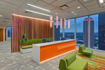 Modern reception area with city view.  Features light wood paneling, vibrant orange accents, comfortable seating, and floor-to-ceiling windows overlooking a cityscape