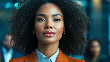 Confident woman with curly hair, wearing a rust-colored blazer and light blue shirt, sits among a blurred audience in a dimly lit room. The image is professionally lit with cool tones