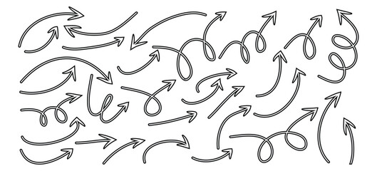 Hand Drawn Arrow Vector Set, paint brush arrow set, brush stock arrow set, Curved, Twisted, and Looped Sketch Arrows for Presentations, Highlights, and Creative Emphasis with vector file