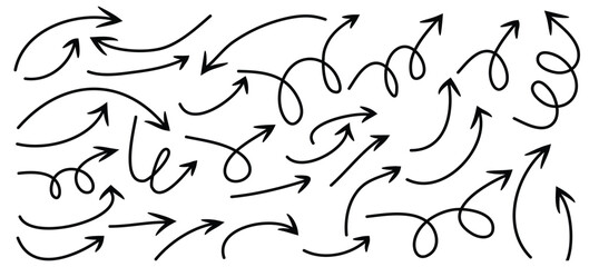 Hand Drawn Arrow Vector Set, paint brush arrow set, brush stock arrow set, Curved, Twisted, and Looped Sketch Arrows for Presentations