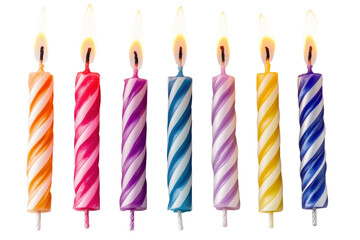 Eight vibrant birthday candles ablaze a joyful celebration spiral stripes bright colors on transparent background
