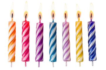 Eight vibrant birthday candles ablaze a joyful celebration spiral stripes bright colors on transparent background