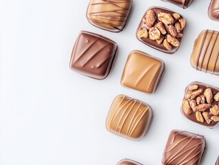 Fototapeta premium Flat lay arrangement of gourmet artisan chocolates displaying delicious variety on a clean white background.