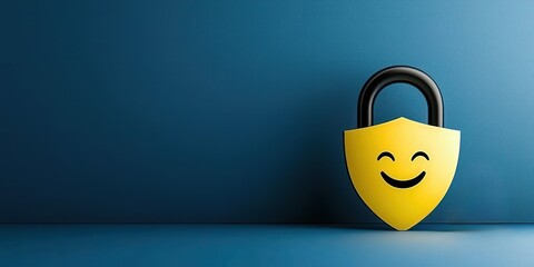 cyber security ransomware prevention concept. Happy padlock illustration on a blue background.