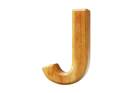 Elegant 3D Wooden Letter J Rich Golden Brown Hue Smooth Texture Isolated on Black on transparent background