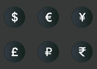 Currency icon set with dollar, euro, yen, pound, ruble, rupee