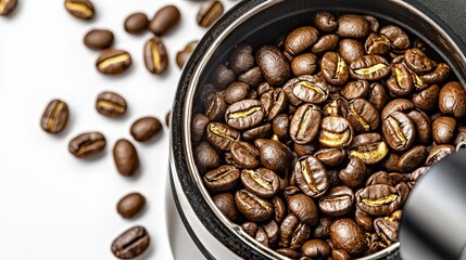 Fototapeta premium Artisanal coffee roasters expertly prepare fragrant brown beans in a shiny silver grinder, isolated close up.