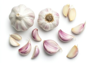 Fresh garlic bulbs and cloves arranged on a white background