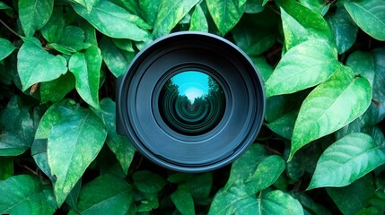 Camera Lens Closeup Surrounded by Lush Green Leaves