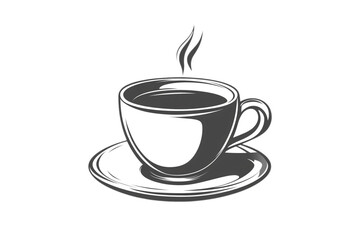 Obraz premium Minimalist coffee cup with saucer and rising steam lines, outlined in black, simple and elegant style, isolated on a transparent background