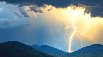 Fototapeta premium A powerful lightning bolt brightly illuminates a distant mountain range beneath dramatic stormy clouds at dusk.