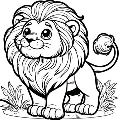 black and white line art vector cartoon lion isolated for coloring page