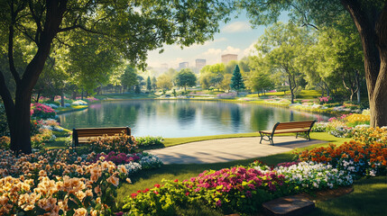 Serene park with blooming flowers and peaceful lake view  