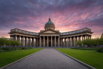 Naklejka premium Classical Church at Sunset: Majestic Columns and Serene Sky