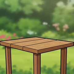 Fototapeta premium Small Wooden Table, Outdoor Setting, Garden Background