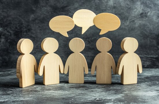 Wooden figures, standing in a row, with thought bubbles above them