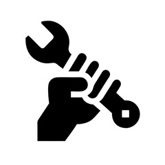 Hand Holding Wrench Silhouette Icon , Repair, Maintenance, Mechanical Tool in Bold Black Style