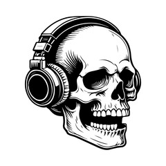 Illustration of skull with headphones. Music skull. Design element for logo, label, design. Vector illustration