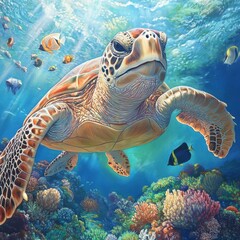 Fototapeta premium Sea Turtle Swims in Ocean Among Colorful Coral Reef