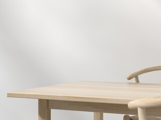 Minimalist Wooden Table and Chairs in Soft Natural Light. Space for product presentation display. 3D illustration