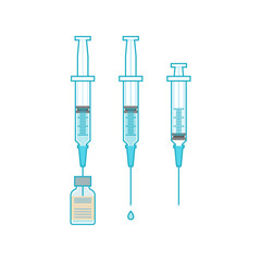 Glass medical bottle and syringe, icons isolated on white background