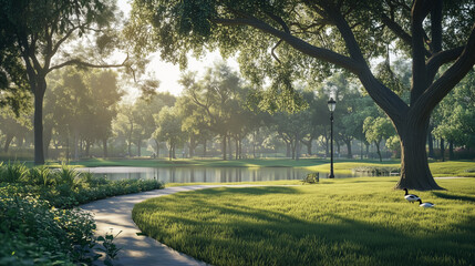 Obraz premium Peaceful park with lush greenery and a serene pond at sunset 