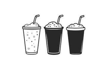 Three cold drinks with dome lids and straws, first showing bubbles, refreshing and modern beverage illustration, isolated on a transparent background