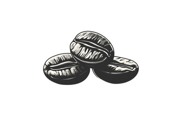 Three detailed coffee beans sit together, textured and glossy, representing energy, aroma, and morning rituals worldwide, isolated on a transparent background