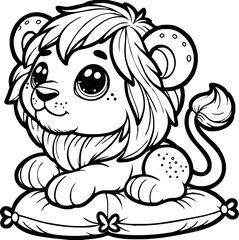 Obraz premium black and white line art vector cartoon lion isolated for coloring page