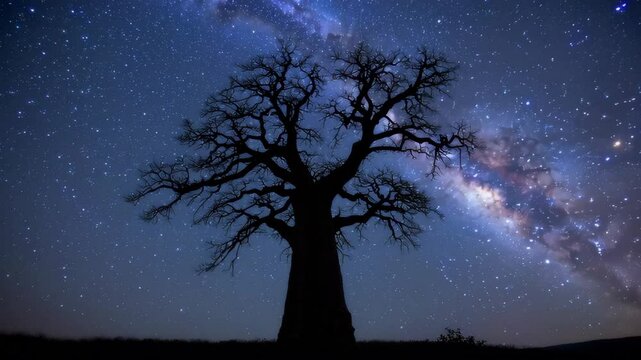 Baobab tree silhouette under milky way galaxy