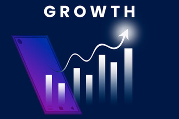 Business growth chart and analytics with smartphone device, financial data, upward trend, success and strategy concept, digital technology and marketing, white background, modern economy