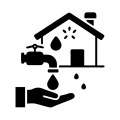 Water Tap with House and Hand Icon , Home Plumbing, Water Supply, Hygiene Symbol in Minimalist Silhouette Style