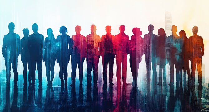 Diverse group of business people standing in a row, vibrant colors overlayed on silhouettes, city backdrop