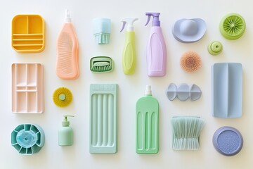 Obraz premium Colorful cleaning supplies arranged in a flat lay