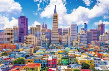 Obraz premium Vibrant cityscape, colorful buildings, tall skyscrapers, sunny day, panoramic view of a bustling city