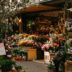 Fototapeta premium A Vibrant Flower Shop Display: Abundant Blooms and Lush Greenery Showcase a Stunning Array of Floral Arrangements in an Outdoor Market Setting