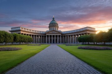 Obraz premium Kazan Cathedral: Serene Sunset, Classic Architecture, Scenic Pathway