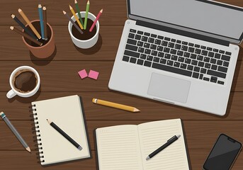 Flatlay: Laptop, Notebooks, Coffee, Pencils, Workspace