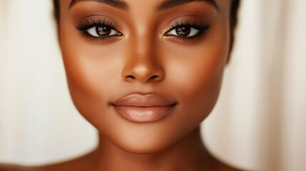 Captivating portrait of a confident woman studio setting close-up photography warm lighting intimate perspective beauty concept
