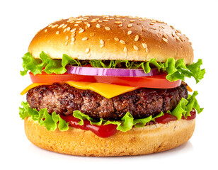 A delicious burger with a sesame seed bun, beef patty, lettuce, tomato, cheese, and onion on a bright white background.
